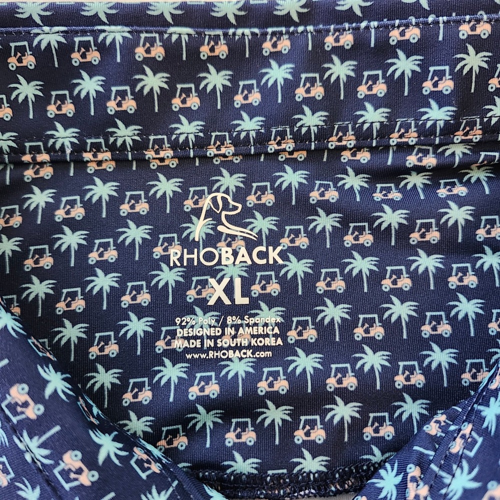 Rhoback Performance Polo Shirt Navy Blue Palm Tree Golf Cart Print Men's XL - Picture 4 of 4